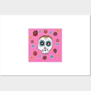 Sugar Skull and Roses pink background Posters and Art